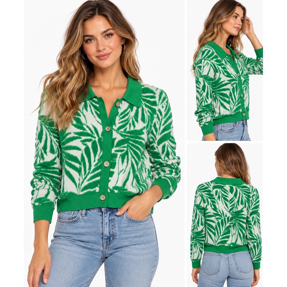 Cynthia Rowley Green White Palm Leaf Textured Knit Cardigan Sweater Polo Small